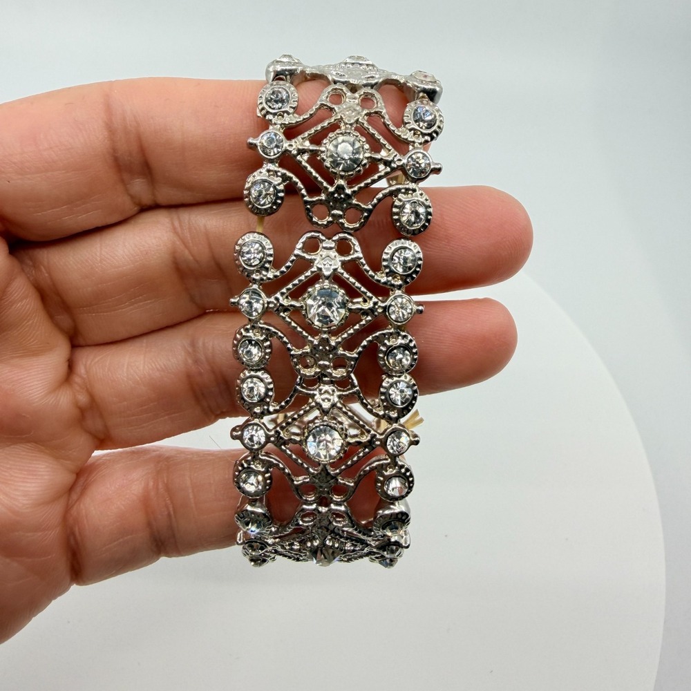 Vintage Y2K Silver Tone Clear Rhinestone Wide Filigree Stretch Cuff Bracelet 90s